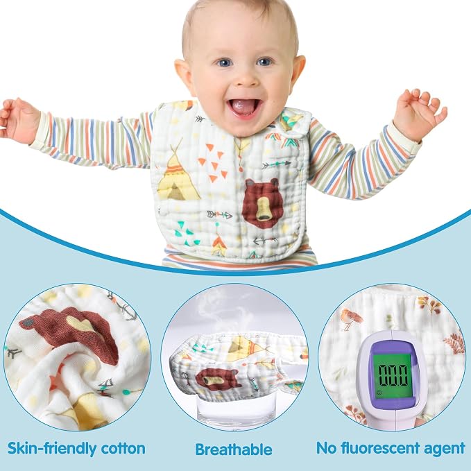 Zainpe 6Pcs Snap Muslin Cotton Baby Bibs Owl Fox Leaf Bear Bib - Image 4