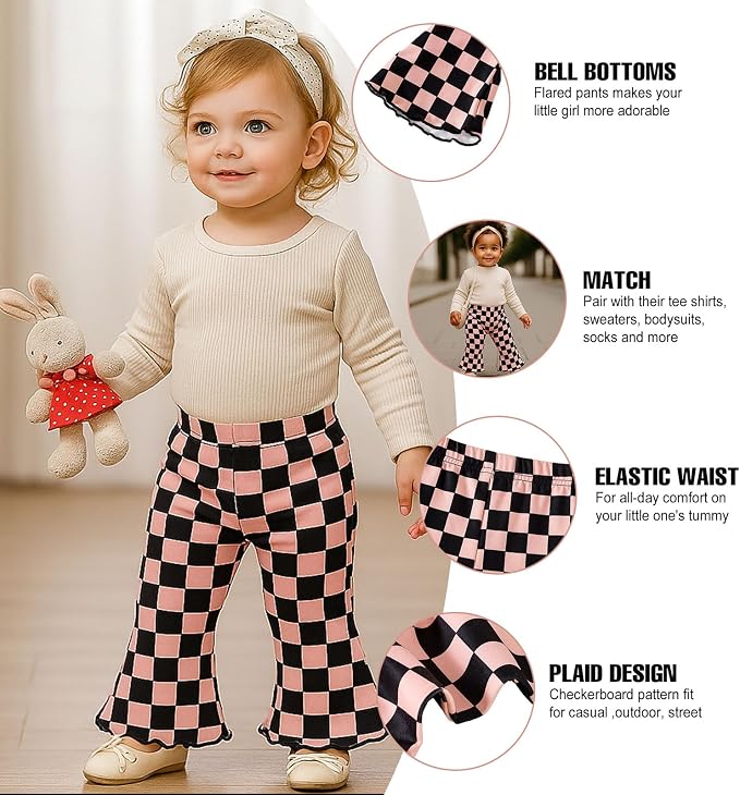 SOBOWO Checkered Baby Girl Flare Pants 3 Pack Toddler Bell Bottoms Plaid Ruffle - Image 4