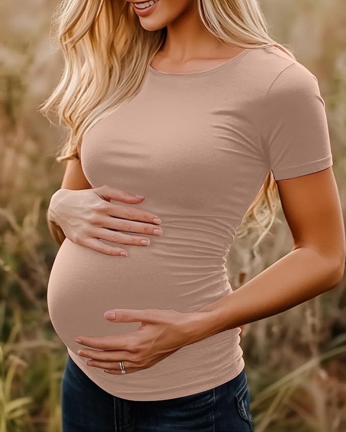 Huukeay 4 Pack Women's Maternity Shirts, Crew Neck Maternity Top Short Sleeve - Image 4