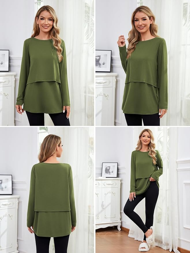 Ecavus Women's 3Pack Maternity Nursing Shirts Long Sleeve Double Layer - Image 4