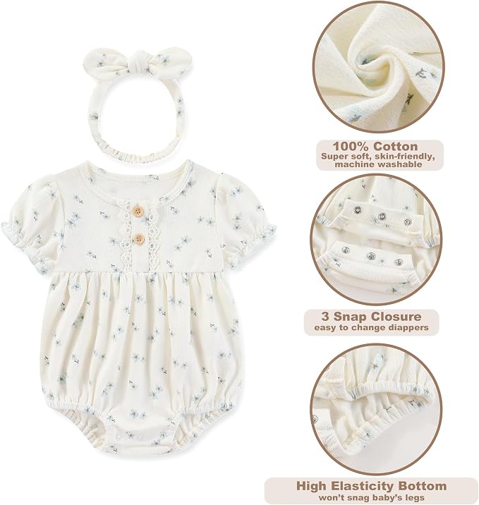 Newborn Baby Girl Clothes Cotton Bubble Romper Floral Short Sleeve Bodysuit 3 - Image 5