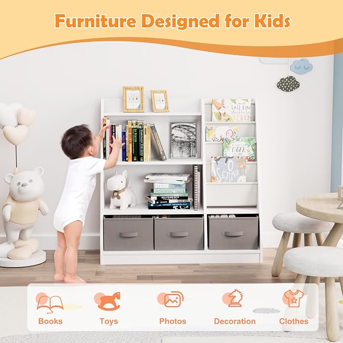 White Kids Bookshelf Wood Montessori Toy Storage Organizer Cabinet Shelf Child - Image 5
