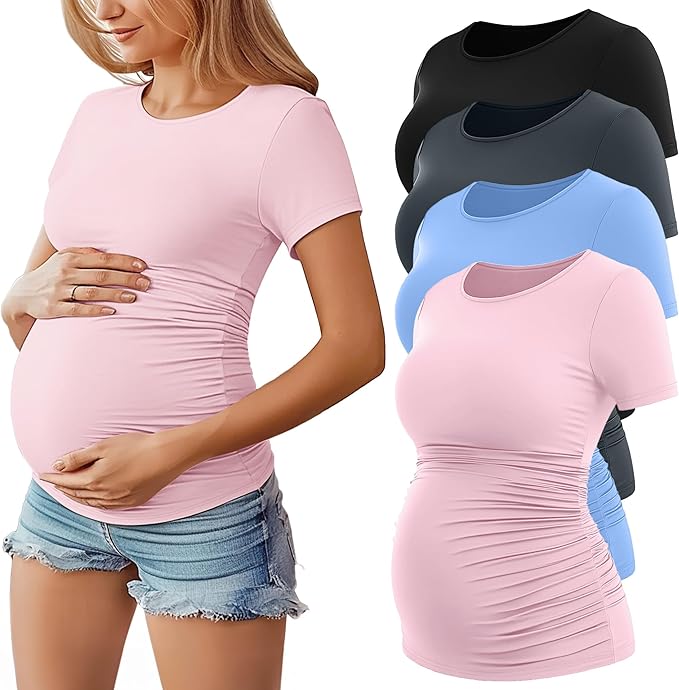 Huukeay 4 Pack Women's Maternity Shirts, Crew Neck Maternity Top Short Sleeve by Huukeay