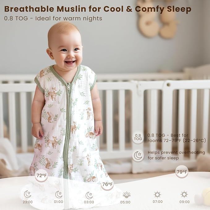 Konssy Muslin Baby Sleep Sack 0-6 Months 0.8 TOG, 2 Pack 100% Cotton Wearable - Image 4