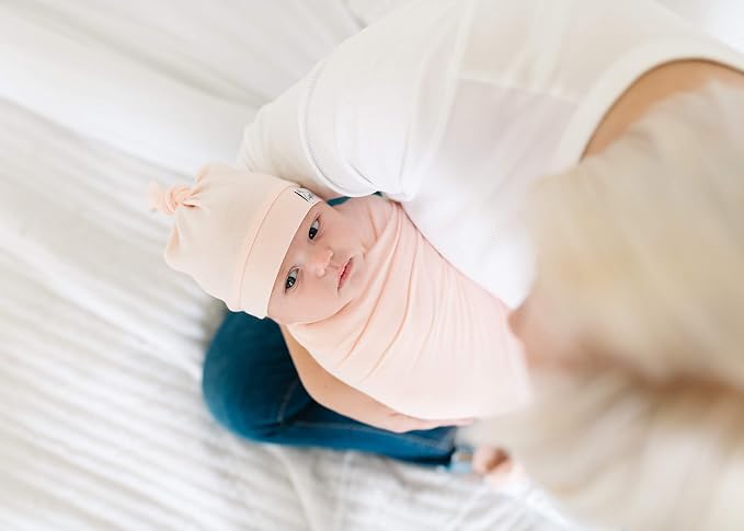 Copper Pearl Baby Beanie Hat Top Knot Stretchy Soft Blush - Image 4