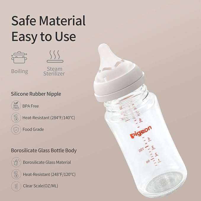 Pigeon Glass Nursing Bottle Wide Neck, Anti-Colic, Streamlined Body, Natural - Image 8