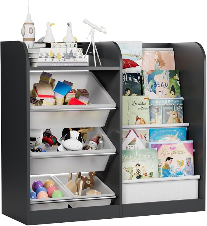 Black Kids Wood Bookshelf Toy Storage Box Organizer Shelf W/4 Removable Plastic - Image 9