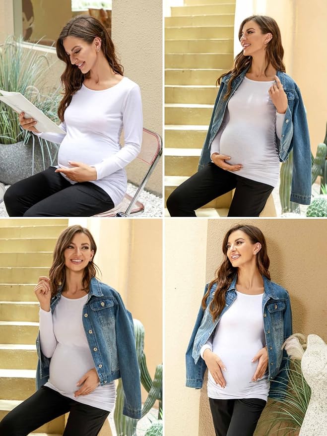 Ecavus Women's Maternity Shirts Long Sleeve Soft Stretchy Pregnancy Tops Side - Image 6