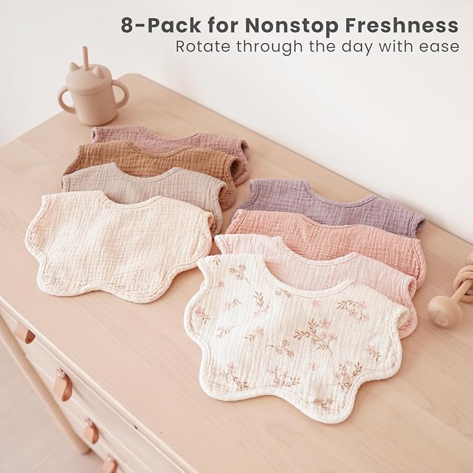 Konssy Muslin Baby Bibs 8 Pack, 100% Cotton Absorbent Bandana Drool Bibs - Image 5