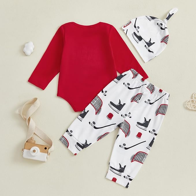 Baby Boy Hockey Outfit New Player in Town Long Sleeve Romper Long Pants Hat Set - Image 4