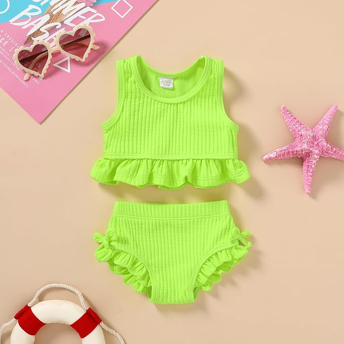 HAPPYMA Baby Swimsuit Toddler Girl Bathing Suit Summer Solid Color Bikini Set - Image 2