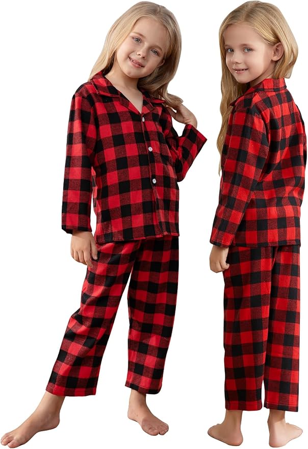 Schbbbta Kids Pajamas Set, Plaid Button Down Pjs - Image 2