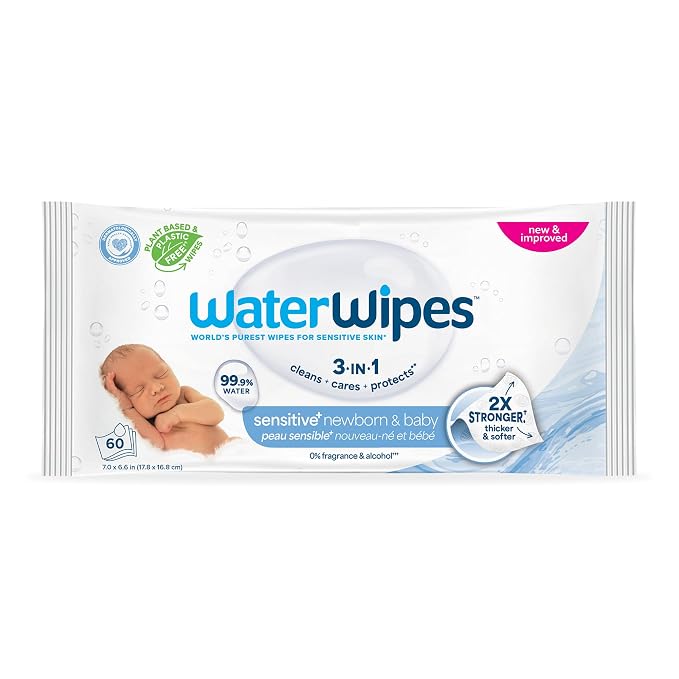 WaterWipes Sensitive+ Newborn & Baby Wipes, 3-In-1 Cleans, 99.9% Water by WaterWipes