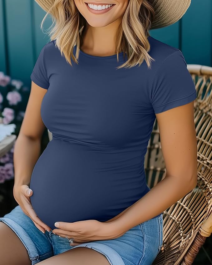 Huukeay 4 Pack Women's Maternity Shirts, Crew Neck Maternity Top Short Sleeve - Image 5
