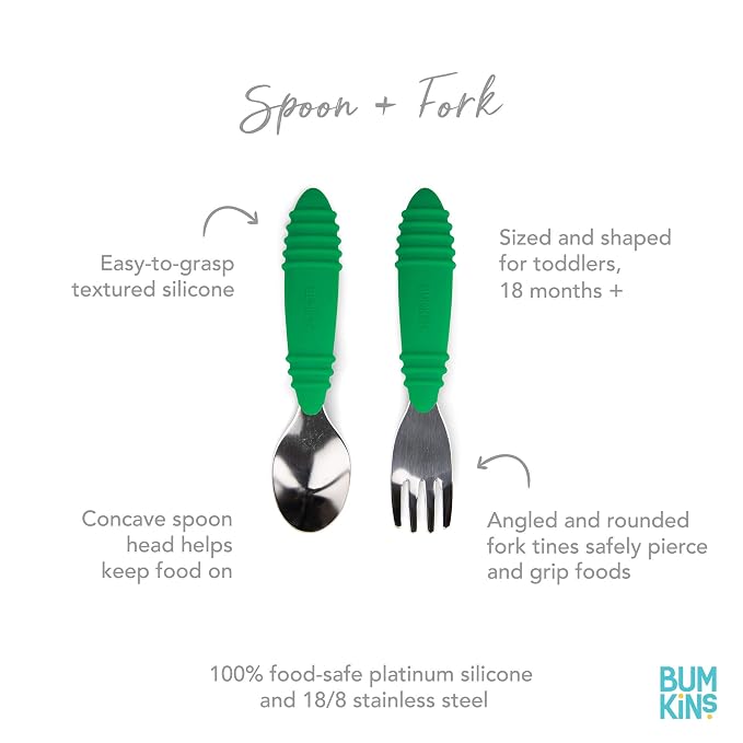 Bumkins Toddler Utensils, Kids Size Fork and Spoon Set, Silicone and - Image 2