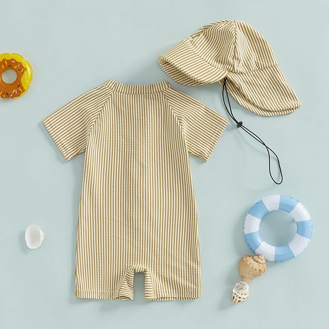 Toddler Baby Boys Seersucker Short Sleeve One Piece Rash Guard Swimsuit Zipper - Image 3