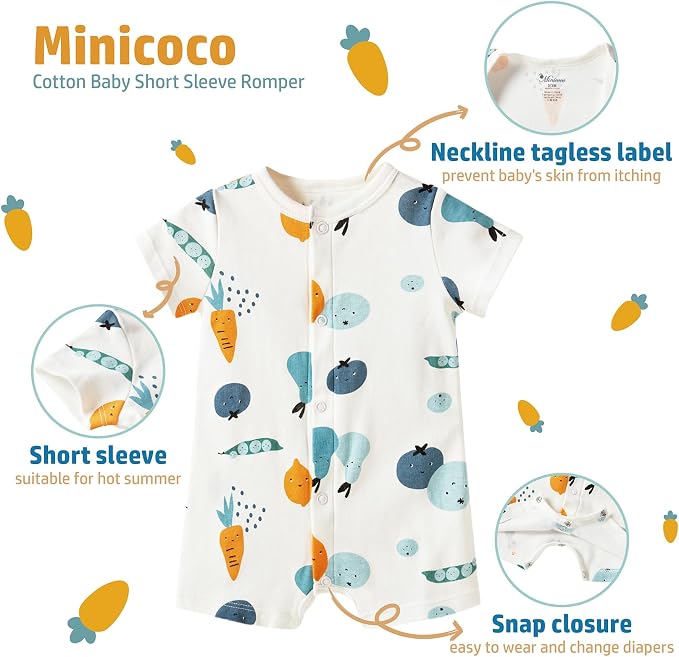 3-Pack 100% Cotton Baby Boy Rompers, 0-24Months Short Sleeve Toddler Romper - Image 4