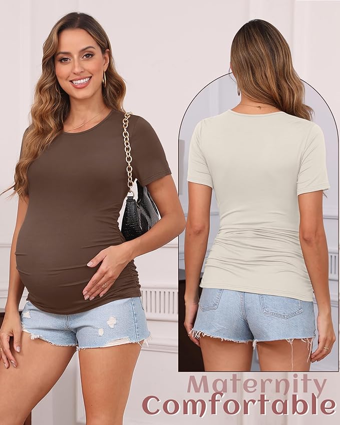 Huukeay 4 Pack Women's Maternity Shirts, Crew Neck Maternity Top Short Sleeve - Image 2