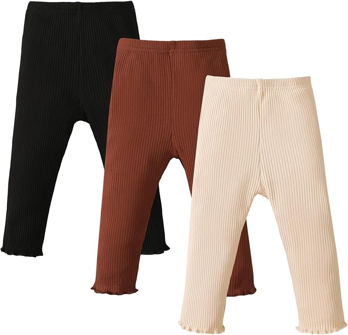 SOBOWO Baby Girl Leggings Pants Toddler Girls Solid Ribbed Pants 3 Pack Ruffle by SOBOWO