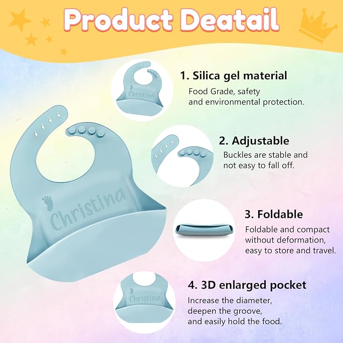 SRdrew Personalized Silicone Bibs Set Custom Engraved Name Icon Toddler Bib - Image 4