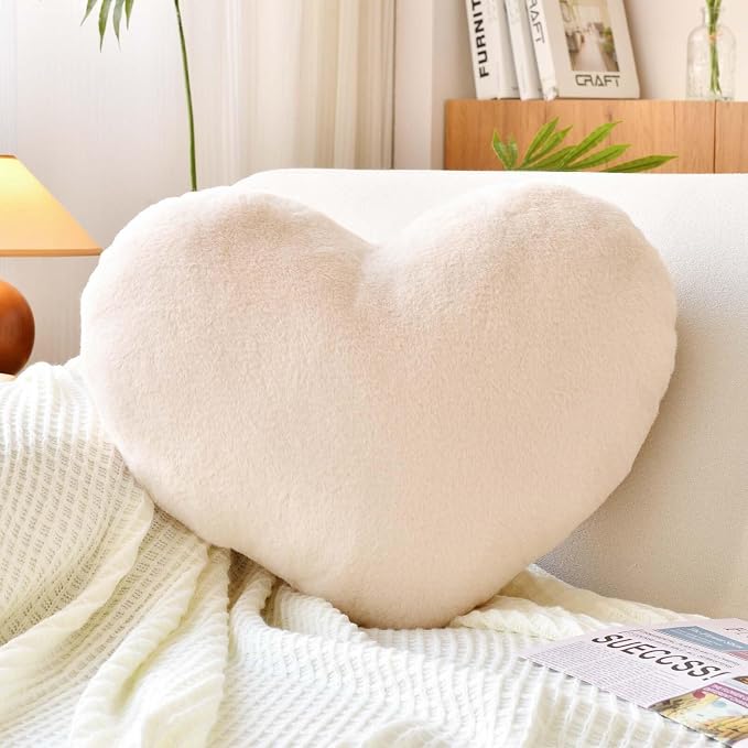 Beige Heart Pillows, Cute Heart Decorative Pillow, Heart Shaped Throw Pillows by XVTRU