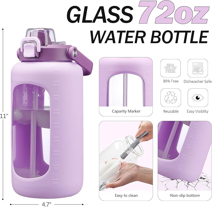72oz Glass Water Bottle with 2-IN-1 Straw &Chug Lid, Large Motivational Glass - Image 2