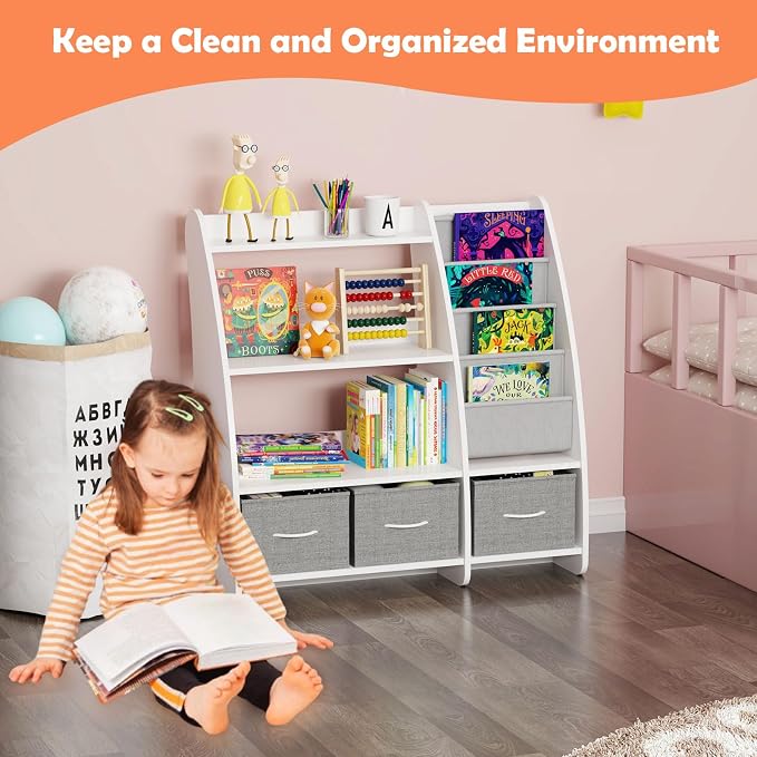 White Kids Bookshelf Wood Toy Storage Organizer Cabinet Children Bookcase - Image 4