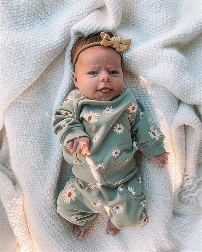3Pcs Baby Girl Outfits Daisy Sweatshirt + Pants + Headband Infant Fall Winter - Image 2