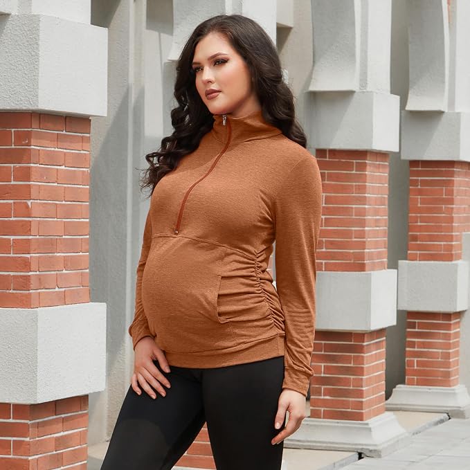 GINKANA Maternity Women's Long Sleeve Shirt Half Zipper Lapel Lightweight - Image 2