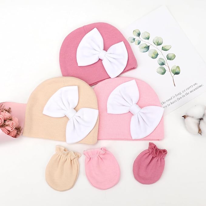 BQUBO Newborn Baby Girls Hats Mittens Set Hospital Hat Beanie Infant Bow Hats - Image 7