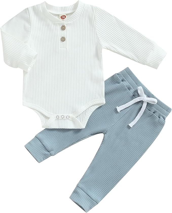 Newborn Baby Boy Girl Clothes Ribbed Knitted Long Sleeve Romper Pants Solid by MABABY
