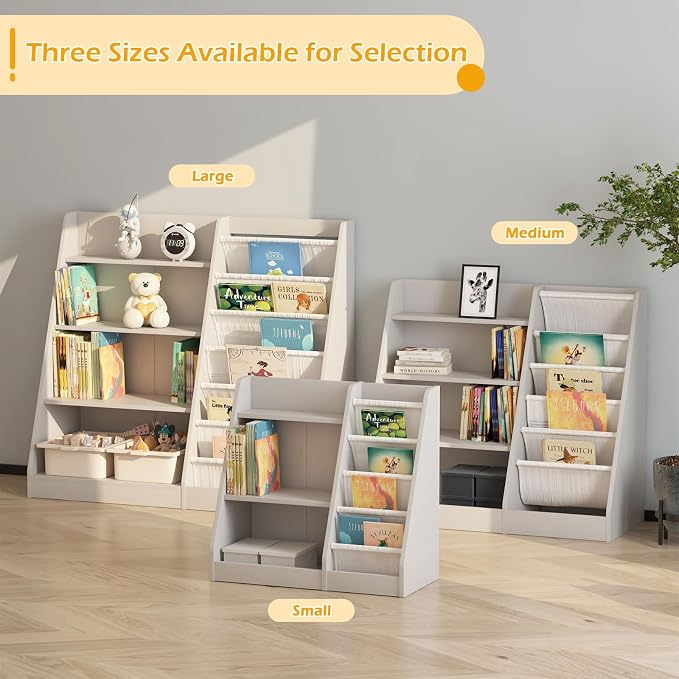Gray Nursery Bookshelf for Kids 3 Tier Wood Shelf 4 Sling Baby Toddler Bookcase - Image 7