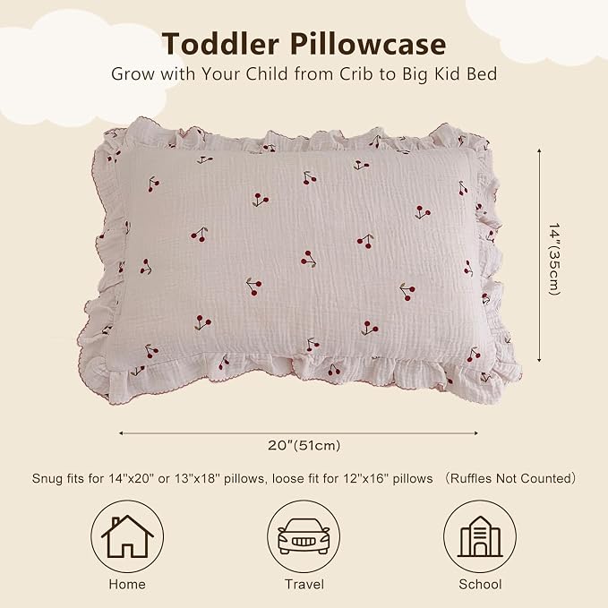 BuLuTu Cotton Muslin Kids Toddler Pillowcase Cherry Pattern, Soft Travel Pillow - Image 2