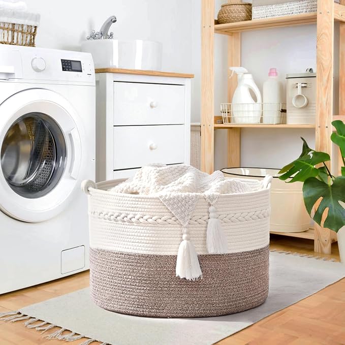 67L Large Blanket Basket, Cotton Rope Blanket Basket Living Room, Baby Laundry - Image 2