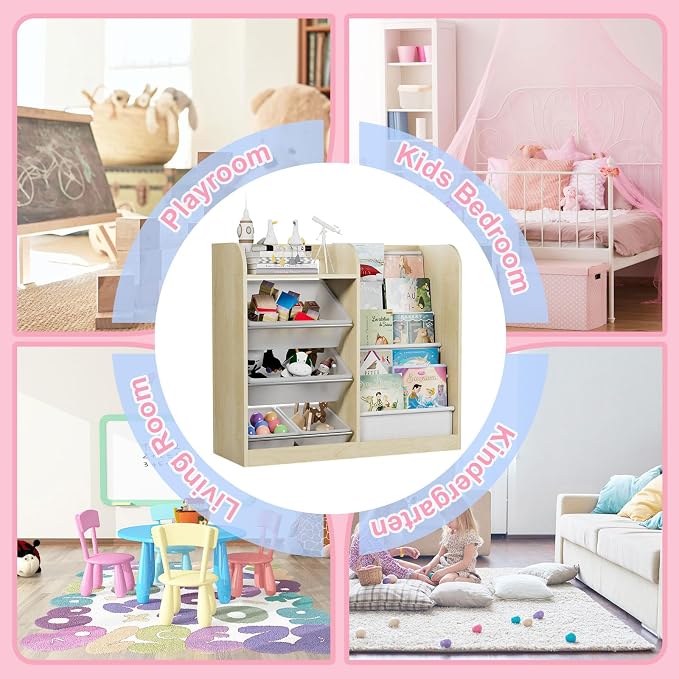 Natural Kids Wood Bookshelf Toy Storage Box Organizer Shelf W/4 Removable - Image 4