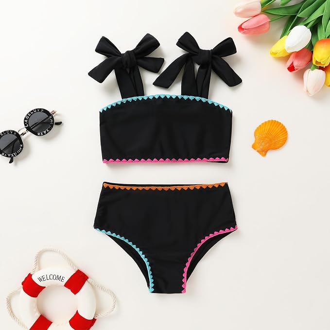 YOUNGER TREE Toddler Girls Two Pieces Swimsuit Color Block Stripe Swimwear - Image 2
