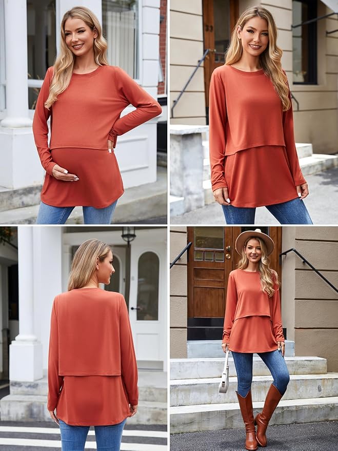 Ecavus Women's 3Pack Maternity Nursing Shirts Long Sleeve Double Layer - Image 4