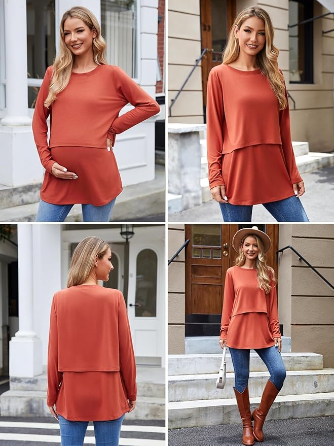 Ecavus Women's 3Pack Maternity Nursing Shirts Long Sleeve Double Layer - Image 4