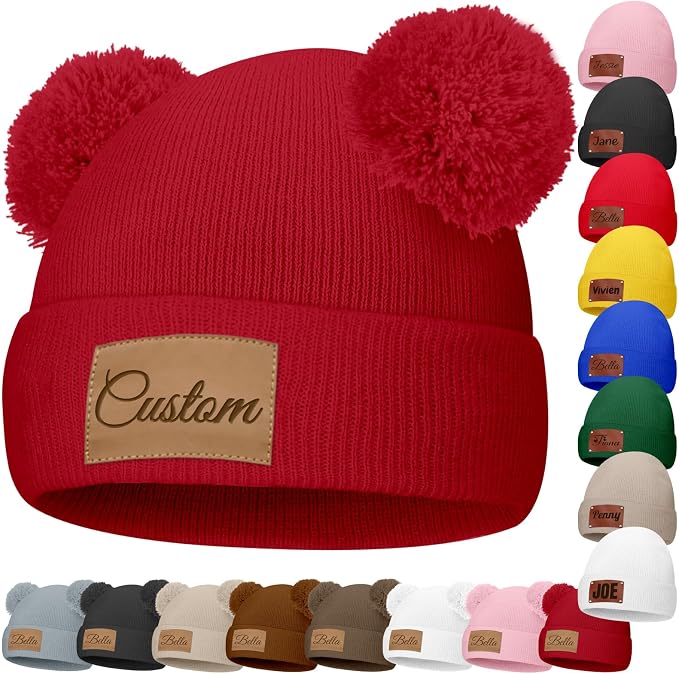 Custom Baby Beanies Personalized Toddler Winter Hats Name Leather Patch Kids by Unknown