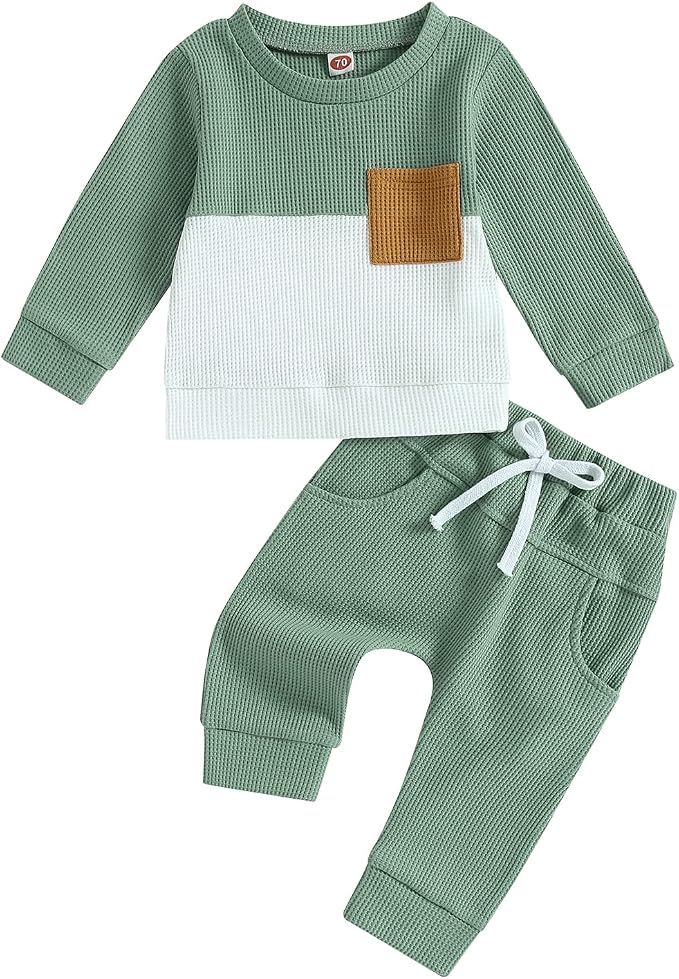 Toddler Baby Boy Fall Clothes Waffle Contrast Color Sweatshirt Pants Sets by GGBNOMER