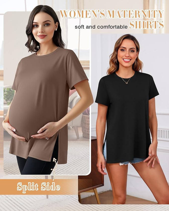 Ficerd 3 Pack Women's Maternity T Shirts, Short Sleeve Side Split Pregnancy - Image 2