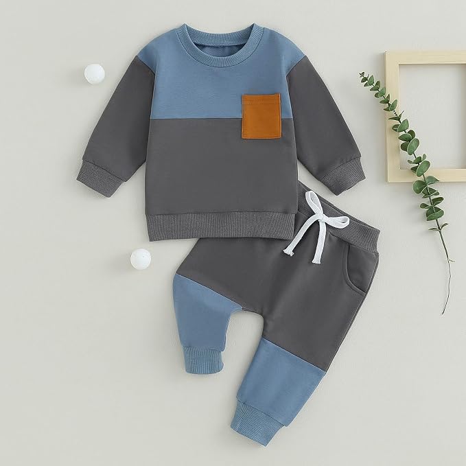 Toddler Baby Boy Fall Clothes Waffle Contrast Color Sweatshirt Pants Sets - Image 2