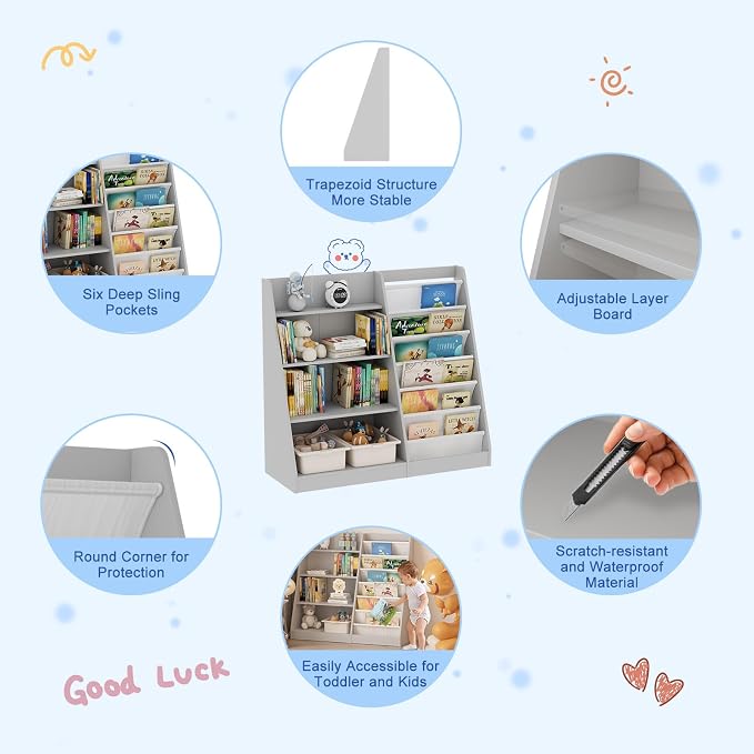 Gray Kids Bookshelf for Nursery Toddler Baby Sling Book Rack Adjustable Shelf - Image 4