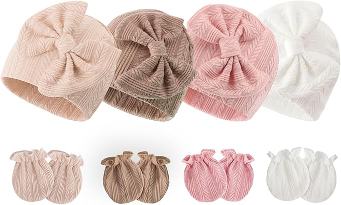 BQUBO Newborn Baby Hats Mittens Set Hospital Hat Beanie Infant Bow Hats Baby by DRESHOW