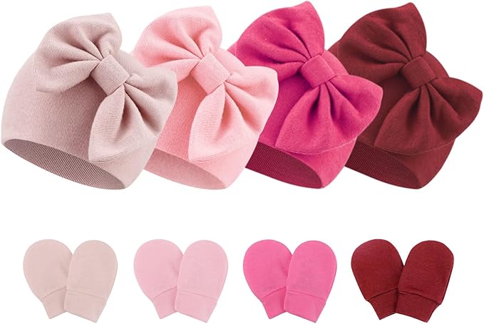 BQUBO Newborn Baby Hats Mittens Set Hospital Hat Beanie Infant Bow Hats Baby by DRESHOW