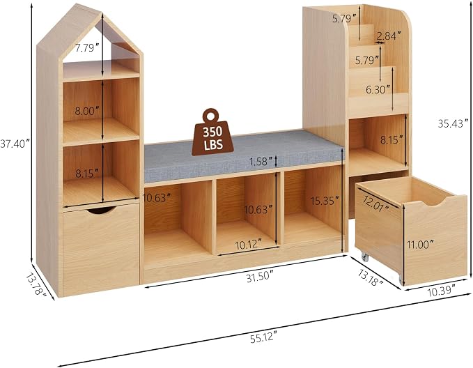 Vabches Kids Bookcase with Reading Nook, Oak Bookshelf with 7 Storage Cubbies & - Image 2