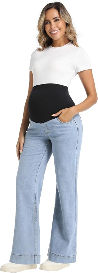Foucome Women's Maternity Jeans Wide Leg Trendy Comfy Stretchy Straight Leg - Image 6