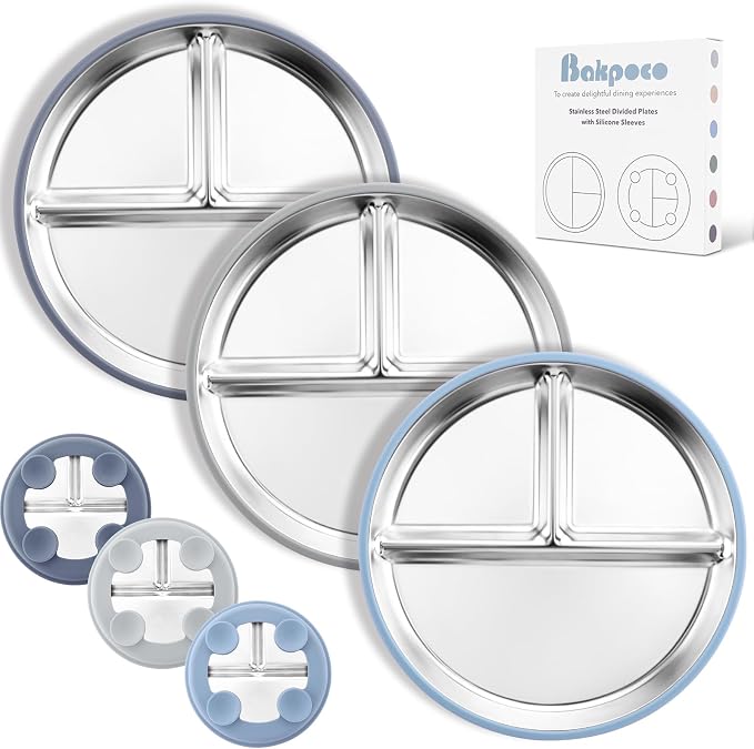 Stainless Steel Suction Plates for Toddlers, Non Toxic Non Slip Portion Control by Bakpoco
