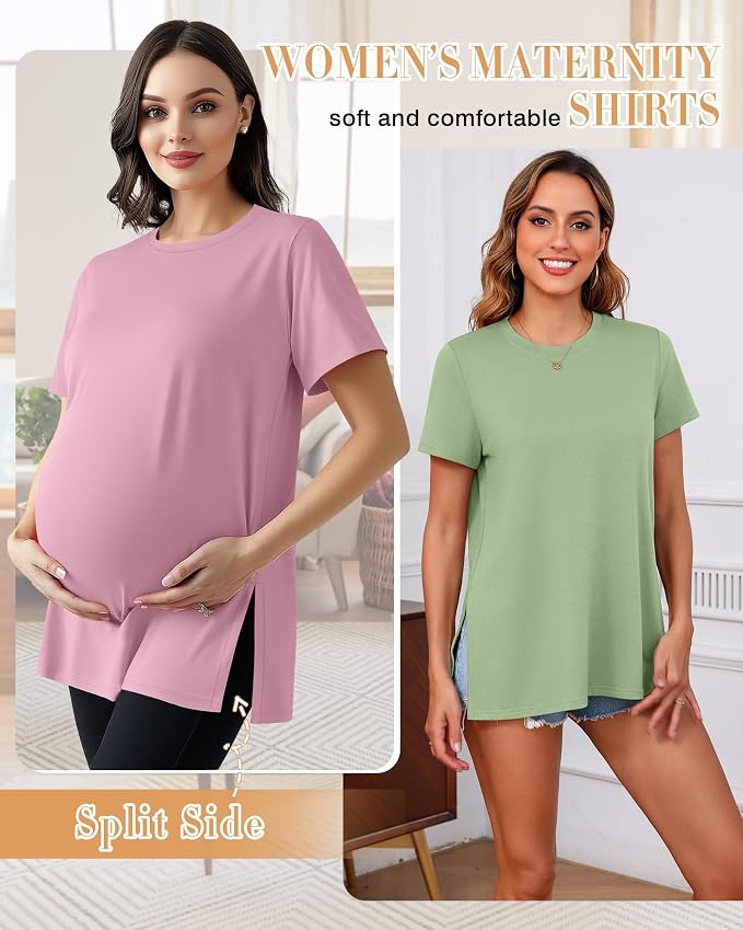 Ficerd 3 Pack Women's Maternity T Shirts, Short Sleeve Side Split Pregnancy - Image 2