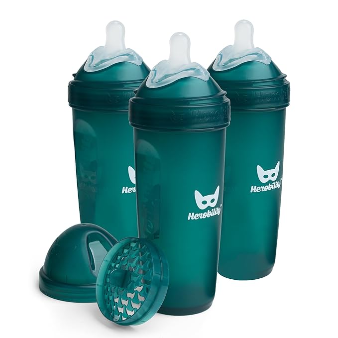 Herobility Double Anti-Colic Baby Bottles – 12 fl oz/340ml – 3-Pack – Dark Green by Herobility